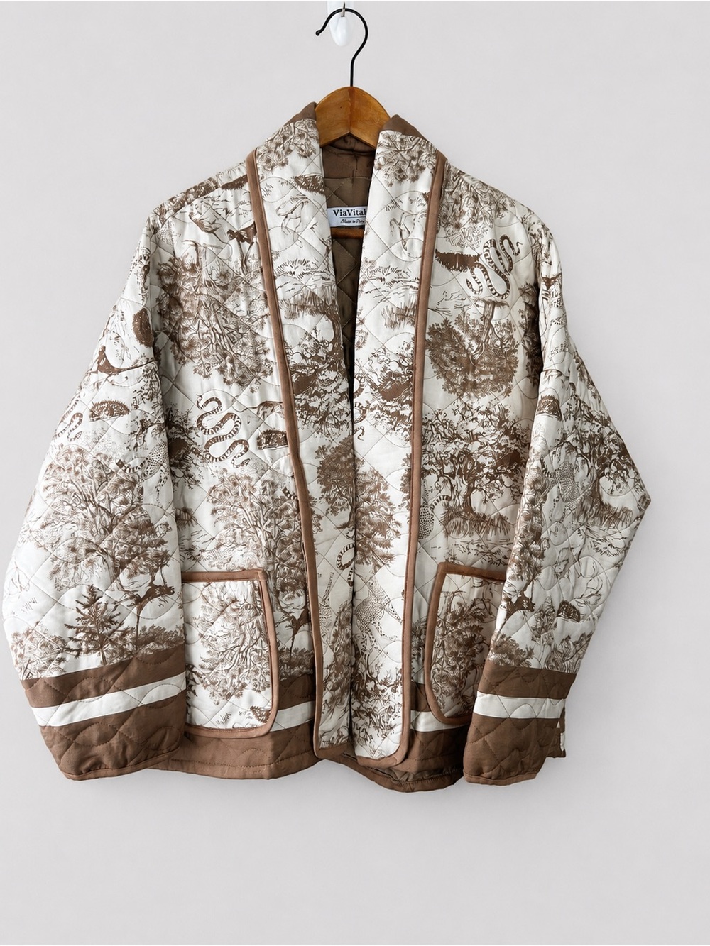 ViaVitale Quilted Scenic Print Jacket in Cream & Brown Size XL Made In Italy